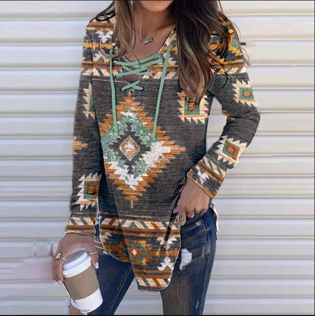 Spring Women Clothing S-5XL Ethnic Style Casual Printing Fashion Lace Up Pullover Versatile Shirt Long Sleeve Loose T-Shirt Top