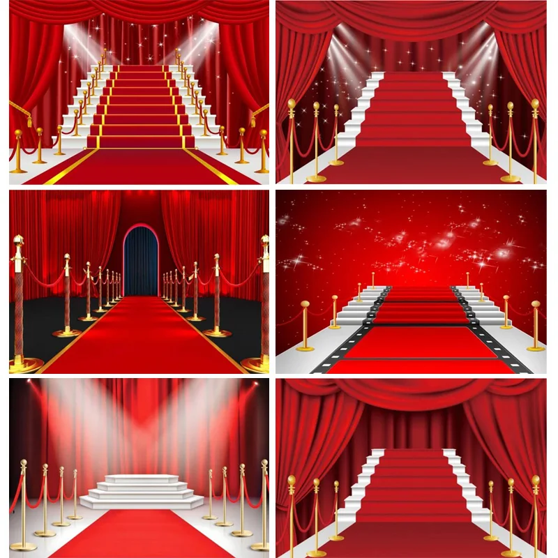 

Red Stage With Red Carpet Photography Backdrop Award Ceremony Party Grad Prom Decoration Photo Studio Background Photocall JU-01