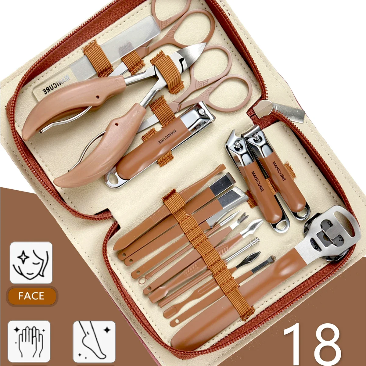 

18-piece upgraded nail trimming set: Sharp nail clippers, nail files, eyebrow clippers, eyelash curler set, portable zipper bag,
