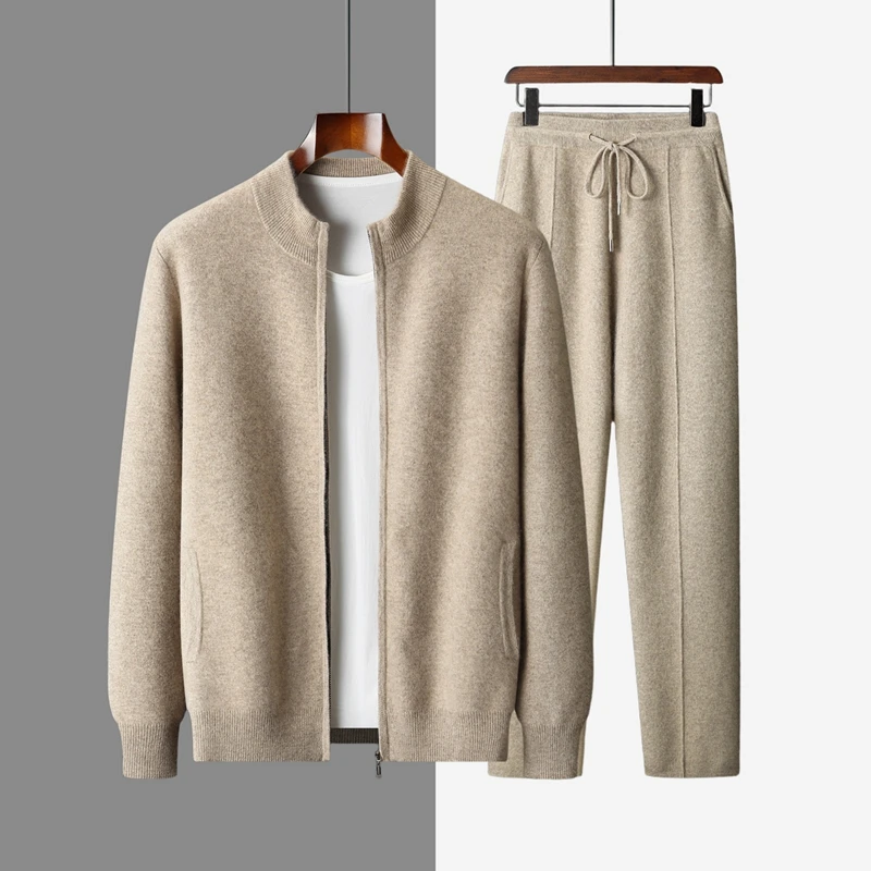Men's Semi High Neck Zipper Cardigan+High Waist Casual Straight Leg Pants Autumn Winter New 100% Cashmere Knitted Two-Piece Suit