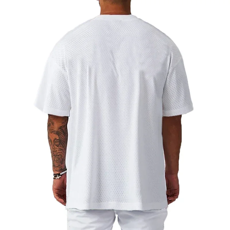 Plain Oversize Loose Short Sleeve T-shirts Gym Fitness Bodybuilding Shirts Mesh Breathable Quick Dry Dropped Shoulders Mens Tops image 5