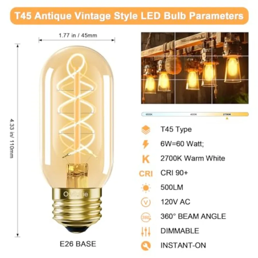 E26 LED Bulb 6W Equivalent 60 watt, Vintage Edison Bulbs, Warm White 2700K Amber E26 Edison Bulb dimmable, Tubular T14 T45 LED