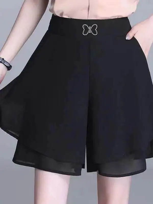 High Waist Wide Leg Pants Women's Summer New Style Loose Fit Three Quarter Length Silk Chiffon Casual Trousers for Middle-Age...