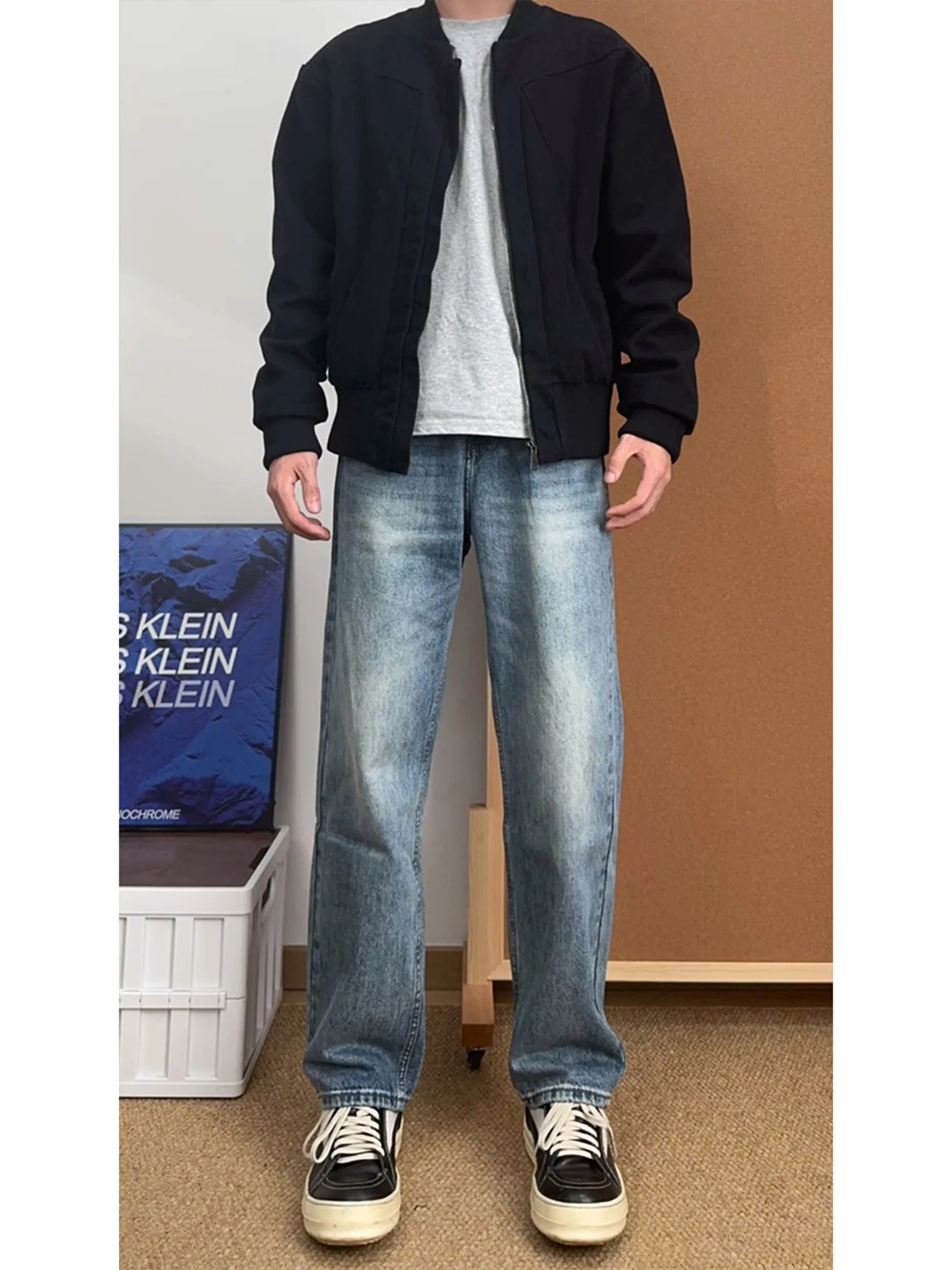 

Retro Blue Straight Leg Jeans Men's Autumn Winter Slimming Long Trousers High Waist American Sle Slim Fit Flared Pants