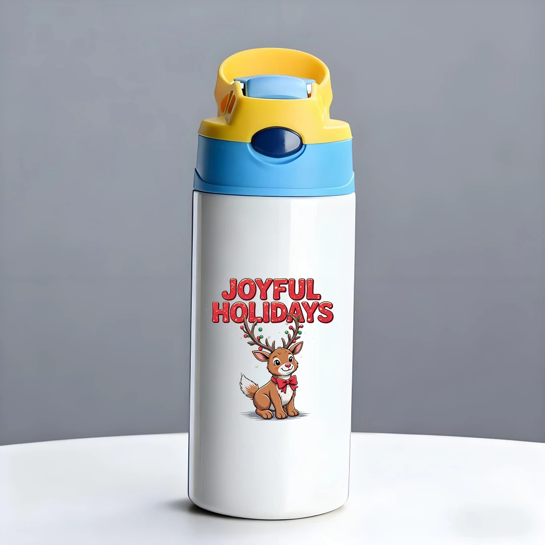 Cangkir termal baja tahan karat 304 + cangkir Natal tanduk rusa kartun + cangkir sedotan anak-anak + hadiah Natal JOYFUL HOLIDAYS