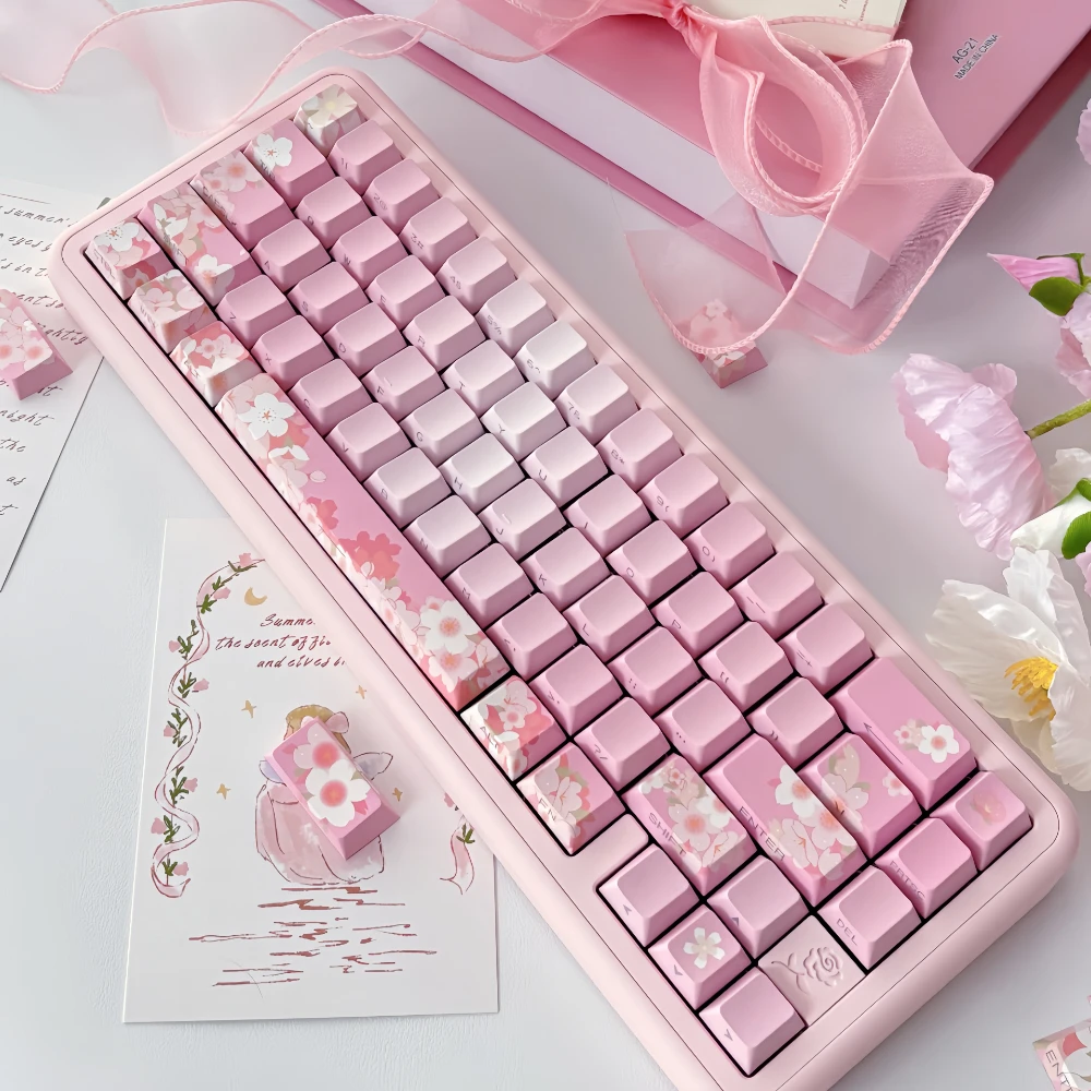 Pink Cherry Blossom Keycaps, transmissão de luz, gravação lateral, sublimação, teclado mecânico, keycaps gradiente, 14 chaves