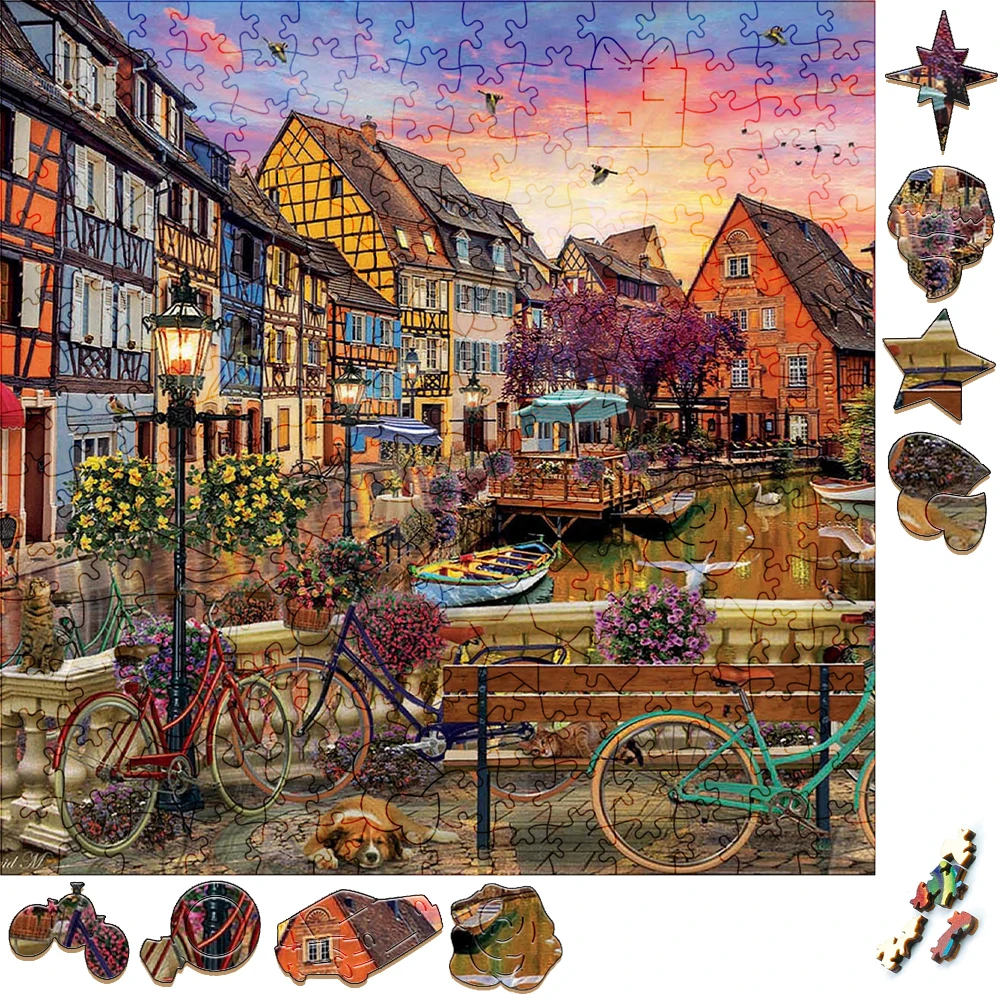 Exquisite Wooden Puzzles Evening Town Sunset Dog Wood Jigsaw Puzzle Craft Irregular Family Interactive Puzzle Gift for Kids Game