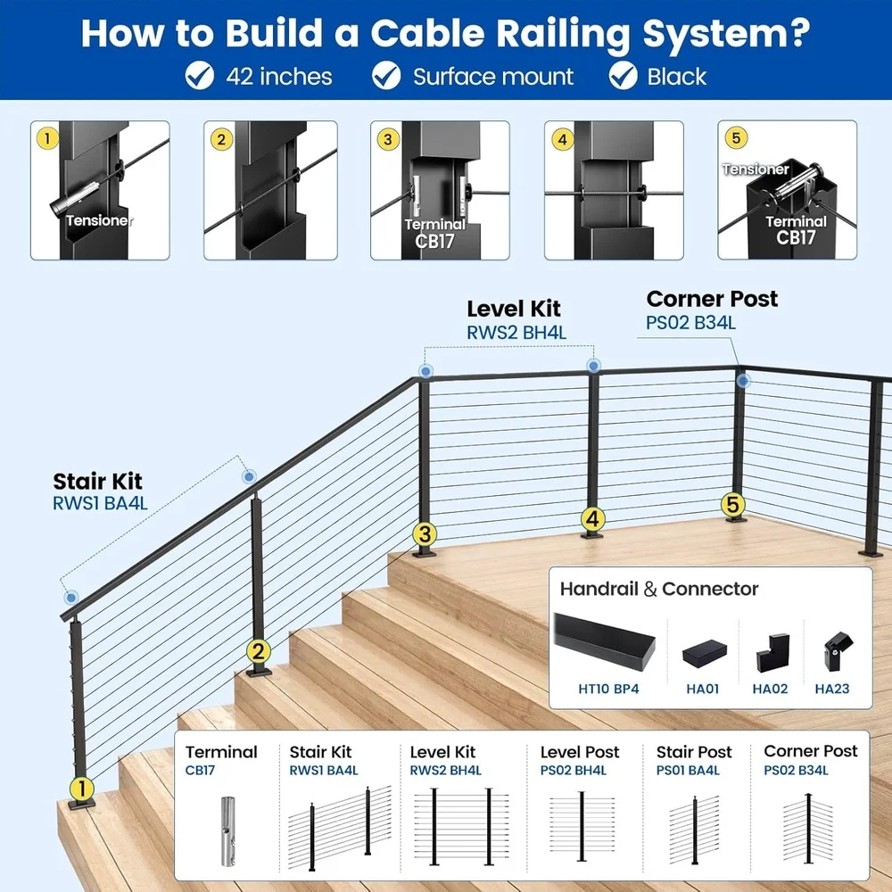 42 Inch Black Stainless Steel Cable Railing Post Level Drilled Surface Mount Indoor Outdoor Applications
