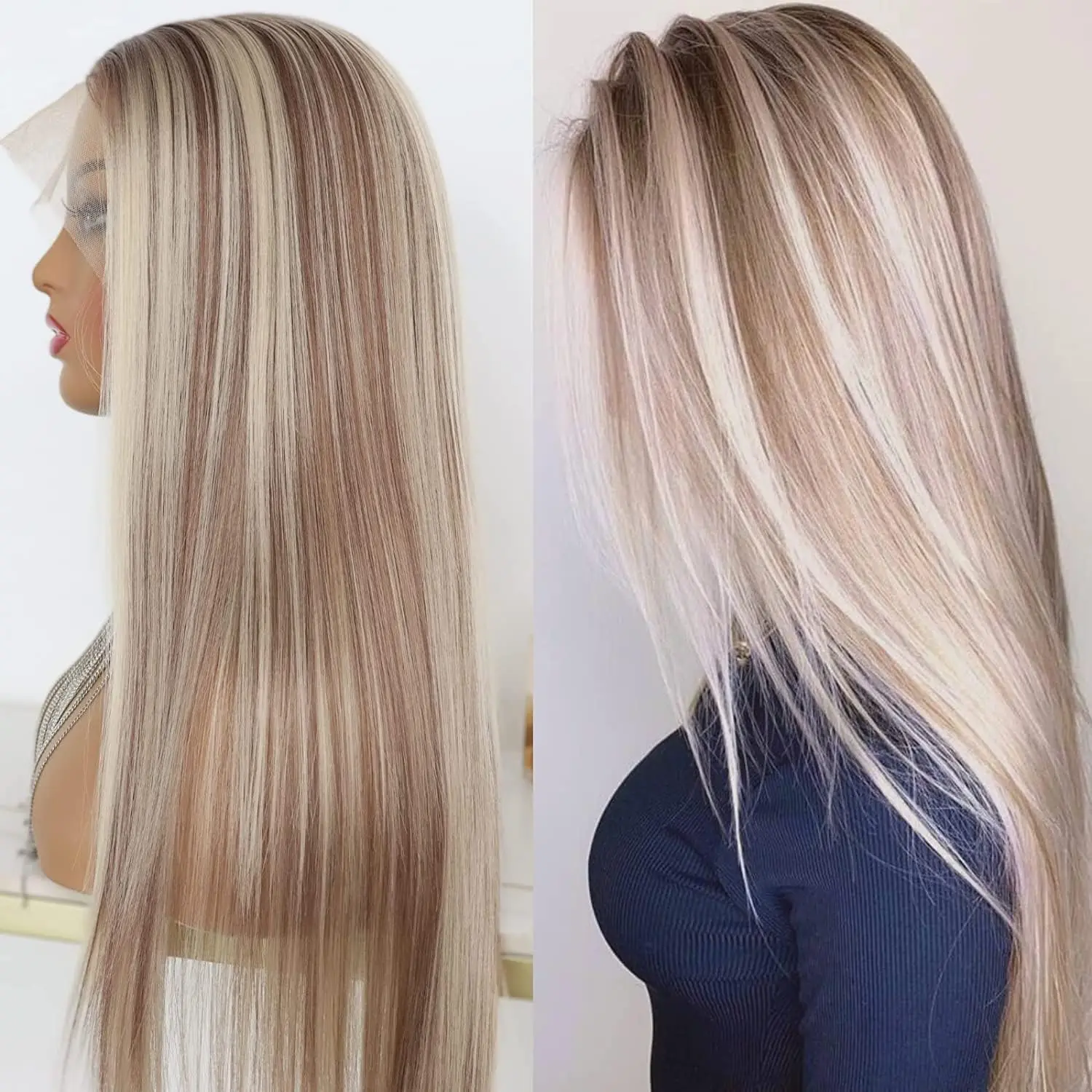 

Highlight Ash Blonde Lace Front Wig Long Straight Glueless Ombre Brown Mixed Blonde 13x4 Lace Front Wigs for Women