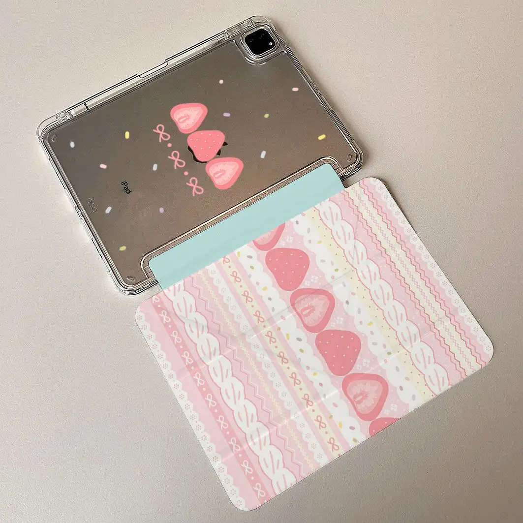 Cream Strawberry Girls iPad Case For iPad Pro 11 13in 2025 iPad Pro 12.9in Air7 10th 11th M4 M5 Y-Shaped Fold Protective Cover