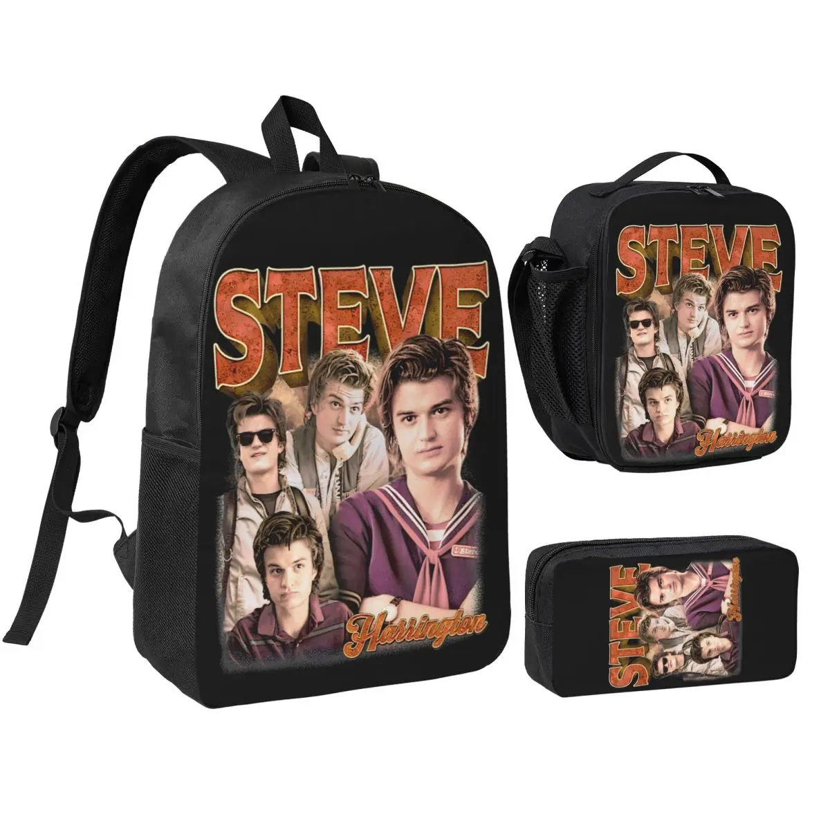 Steve Harrington Vintage Cool Guy Collage Design 3pecs/set Backpack for Student High School Daypack Lunch bag Pencil Case