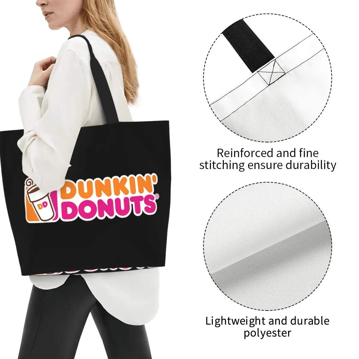 Dunkin Donuts Shopping Tote Bag Canvas Large Capacity Shoulder Bags Shopper Grocery Handbag for Women view 2