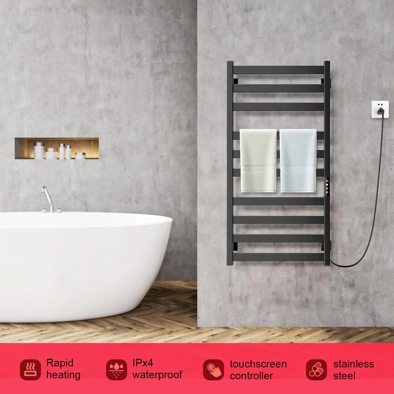 AluminumBathroom Towel Warmer with Smart Touchscreen Timer - Wired/Plug-in Model (Black)
