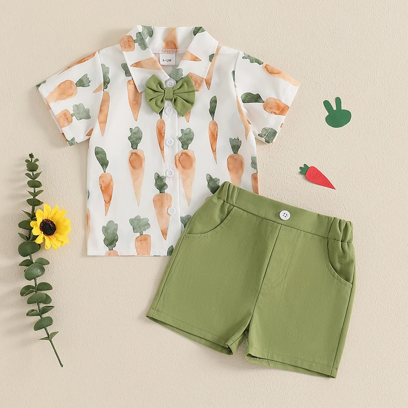 Toddler Boy Easter Shorts Set Carrot Print Short Sleeve Button-up Bow Tie Shirt Elastic Waistband Shorts