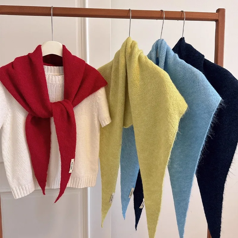 Korean INS Knitted Soft Scarf for Women Wool Winter Warm Scarves Bright Solid Color Thicken Shawl Triangle Fashion Sweet Scarfs
