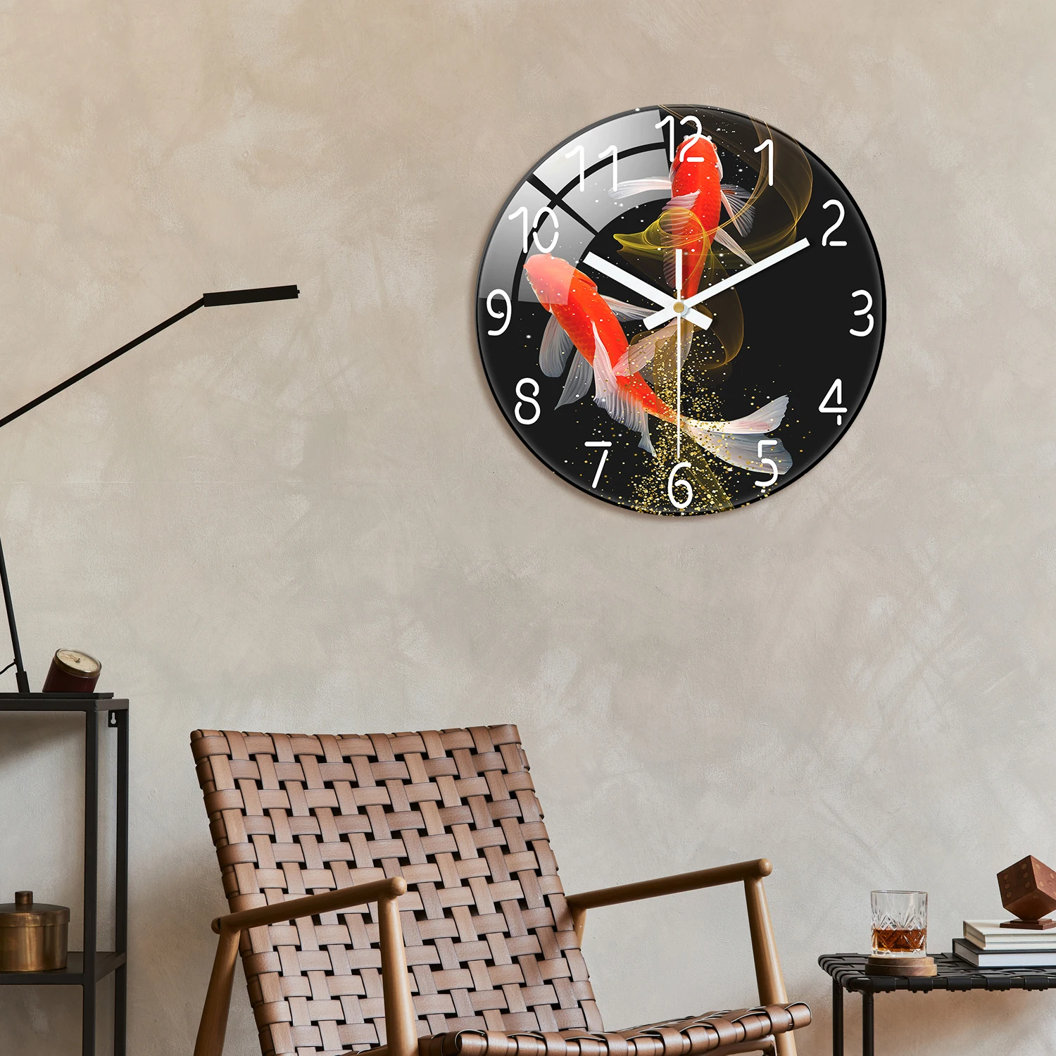 1pc 12-inch tempered glass wall clock, red koi swimming pattern design wall clock, silent clock, suitable for home decoration