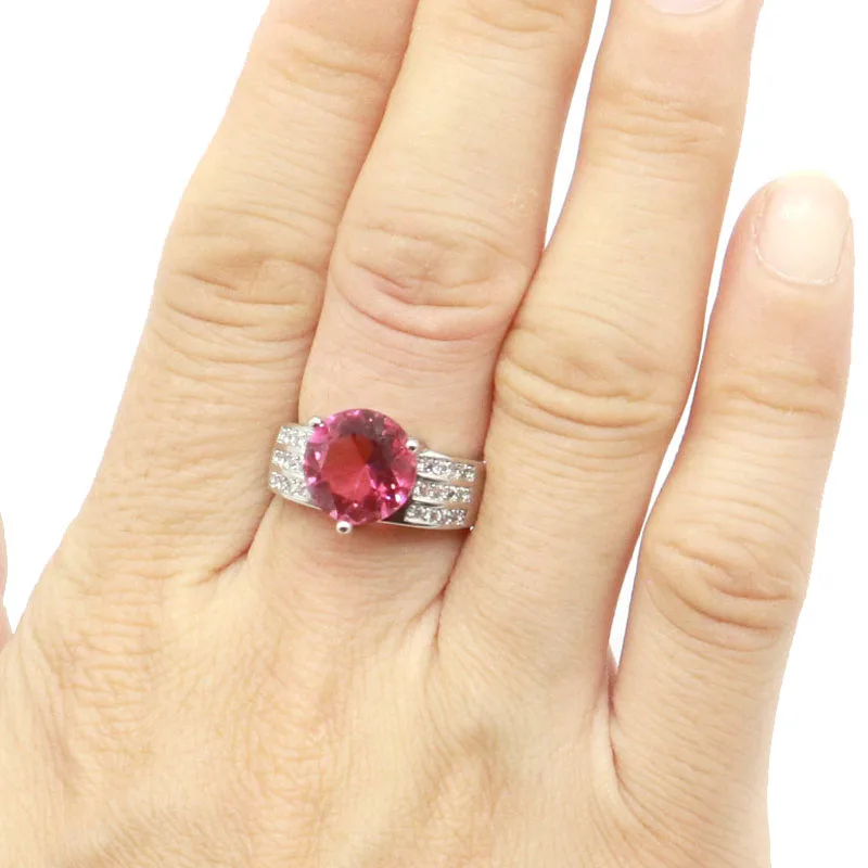 Buy 3 Get 1 Free 13x10mm Luxury Real Red Ruby Pink Tourmaline White CZ Women Engagement Silver Rings