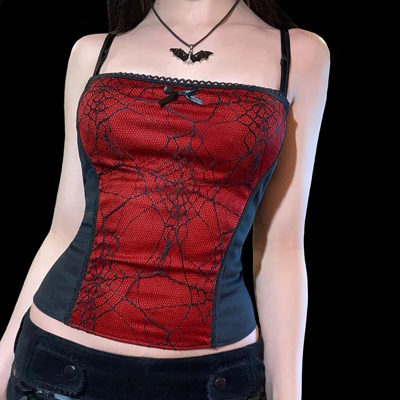 Gothic Punk Girl Spider Web Pattern Lace Patchwork Camis Women Sexy Sleeveless Square Collar Slim Tank Top Streetwear Crop Top