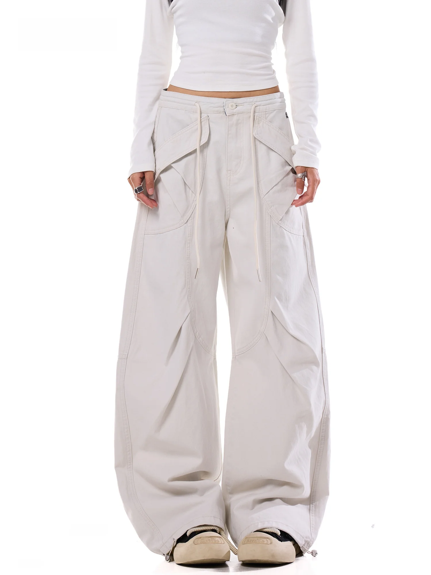 Pure Cotton Wide Leg Workwear Pants Women's Drawstring Casual Trousers Cuffed Versatile White Pleated Autumn New Arrival