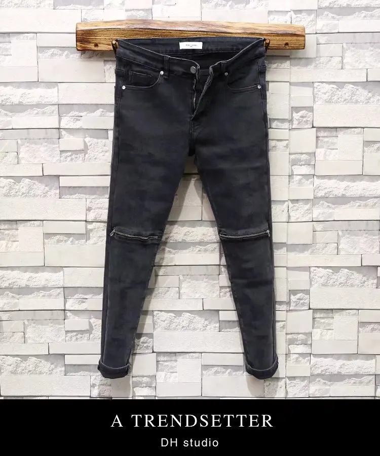 2022 Knee Zipper Black Distressed Jeans Man's Korean Simple Versatile Elastic Slim Denim Jeans Designer Jeans for Men