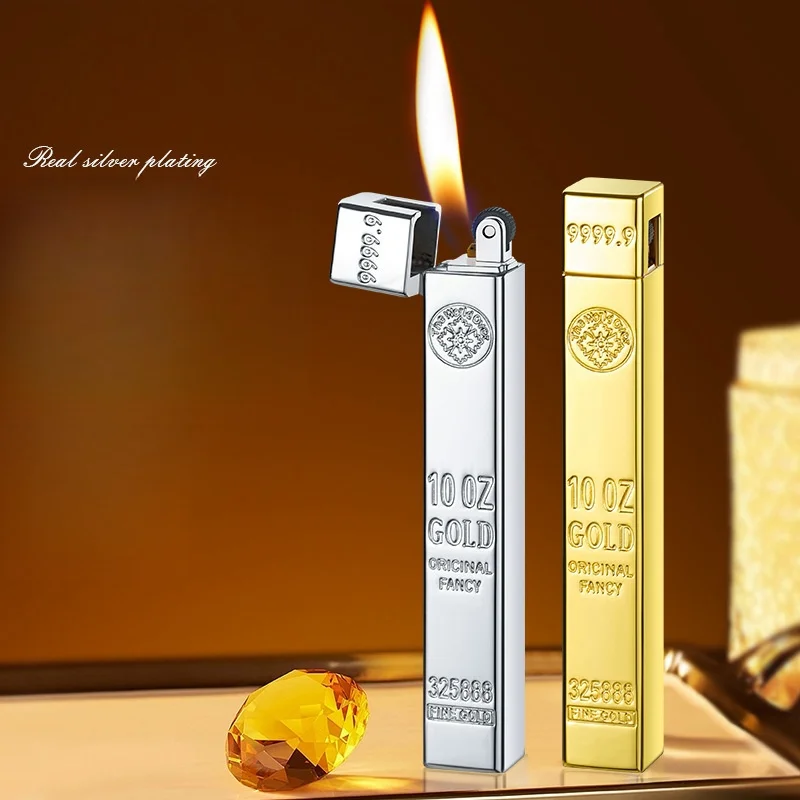 Creative Gold Bar Design Slim Open Flame Butane Gas Lighter Grinding Wheel Ignition Outdoor Portable Mini Lighters Smoking Gifts