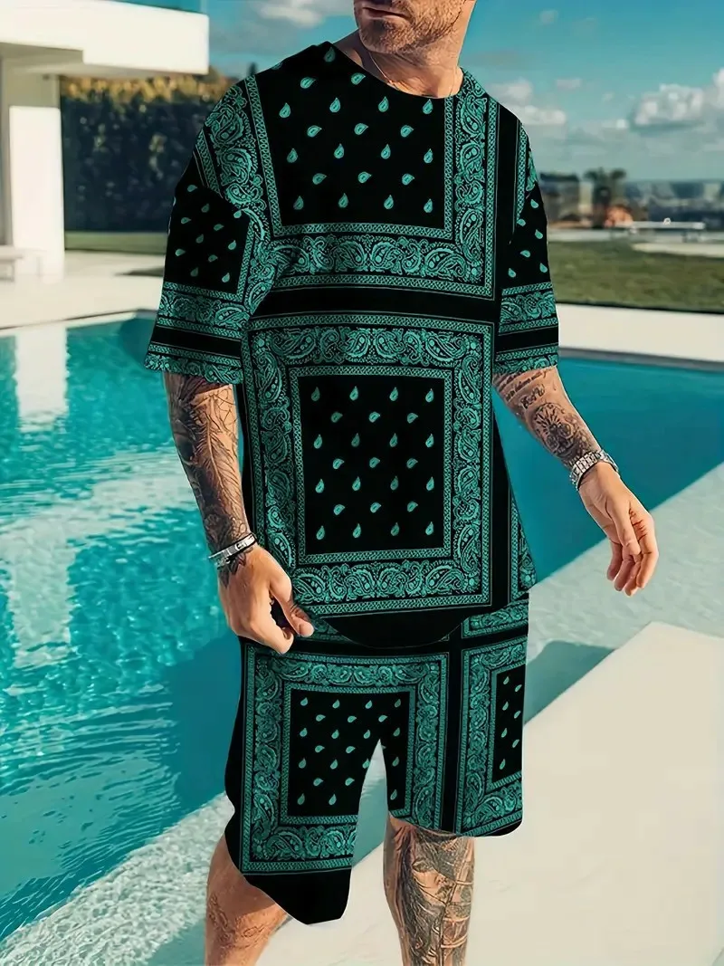 

Костюм мужской летний из футболки и шортов с 3D-принтом кешью