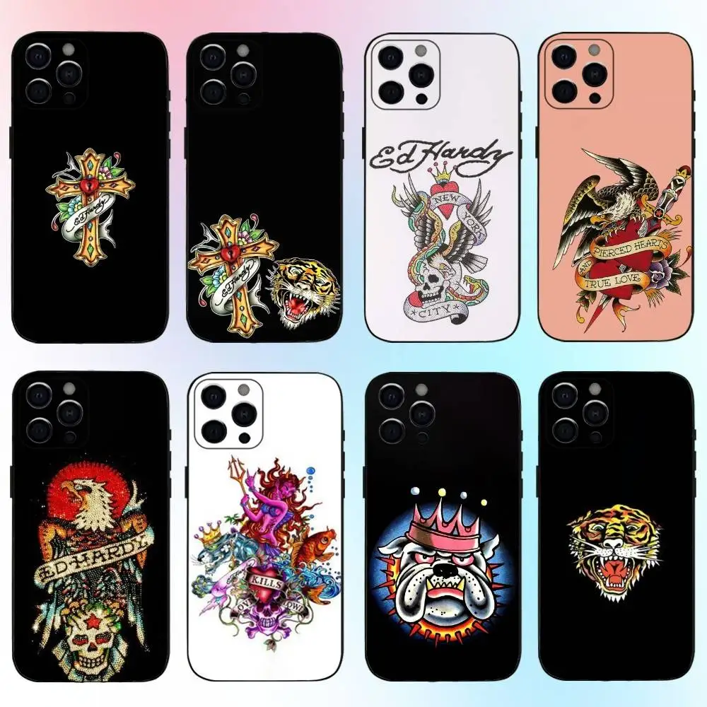 حافظة هاتف Ed Hardy من ماركات الأزياء لهاتف iPhone17,16,15,14,13,12,11 Plus، Pro Max غطاء أسود ناعم