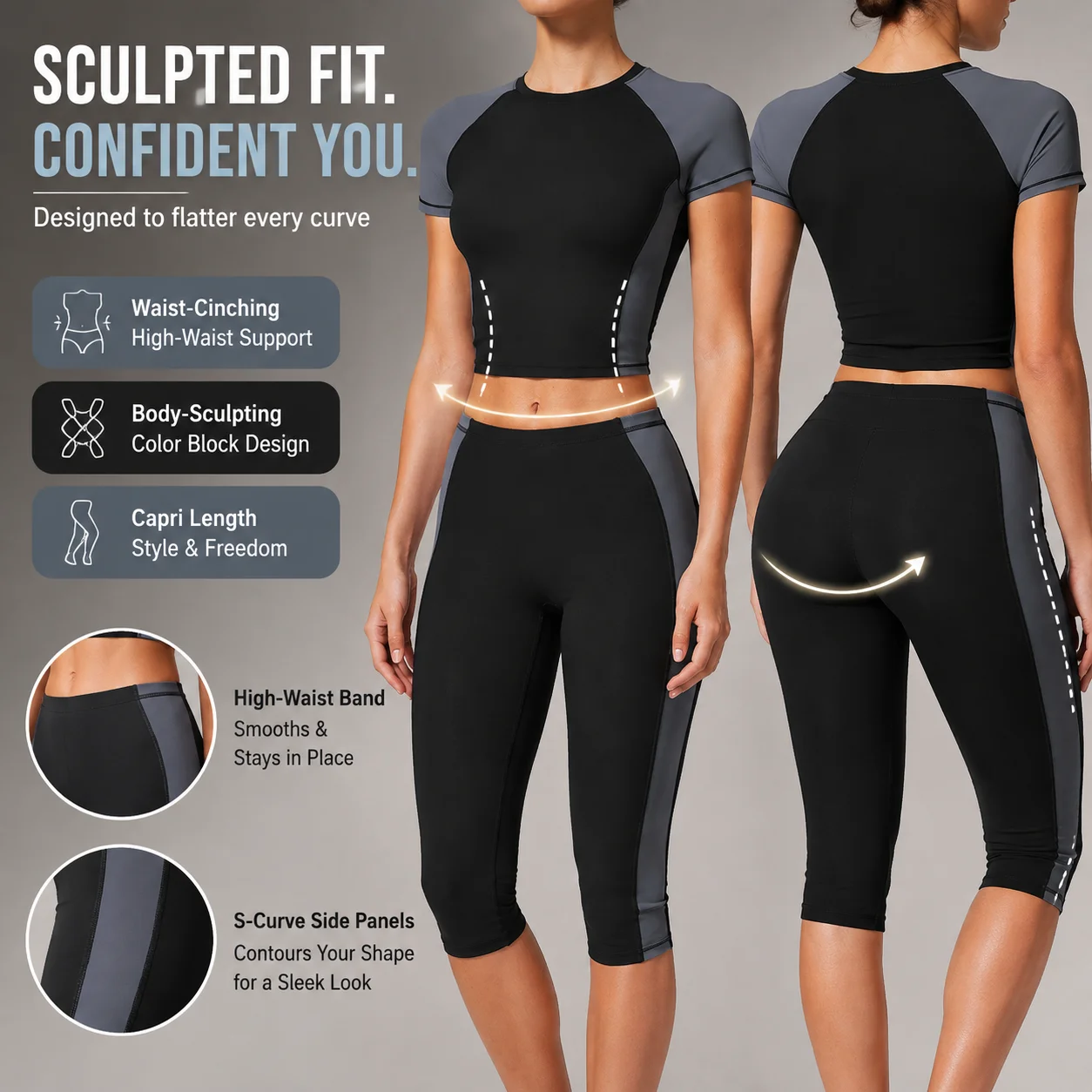 Butt Lift Pilates Set Women Color Block Crop Top + High Waist Capri Leggings 2 Piece Workout Yoga Sportswear EU UK AU