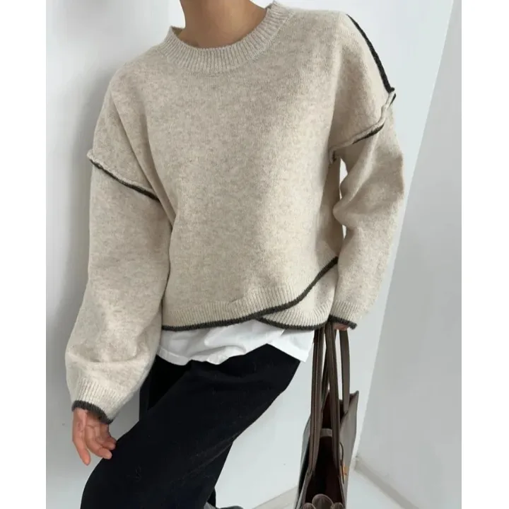 

Casual round Ne Sweater Women's Autumn Winter Irregular Color Blo Knitwear Slimming Lazy Sle Long Sve Overhead Top