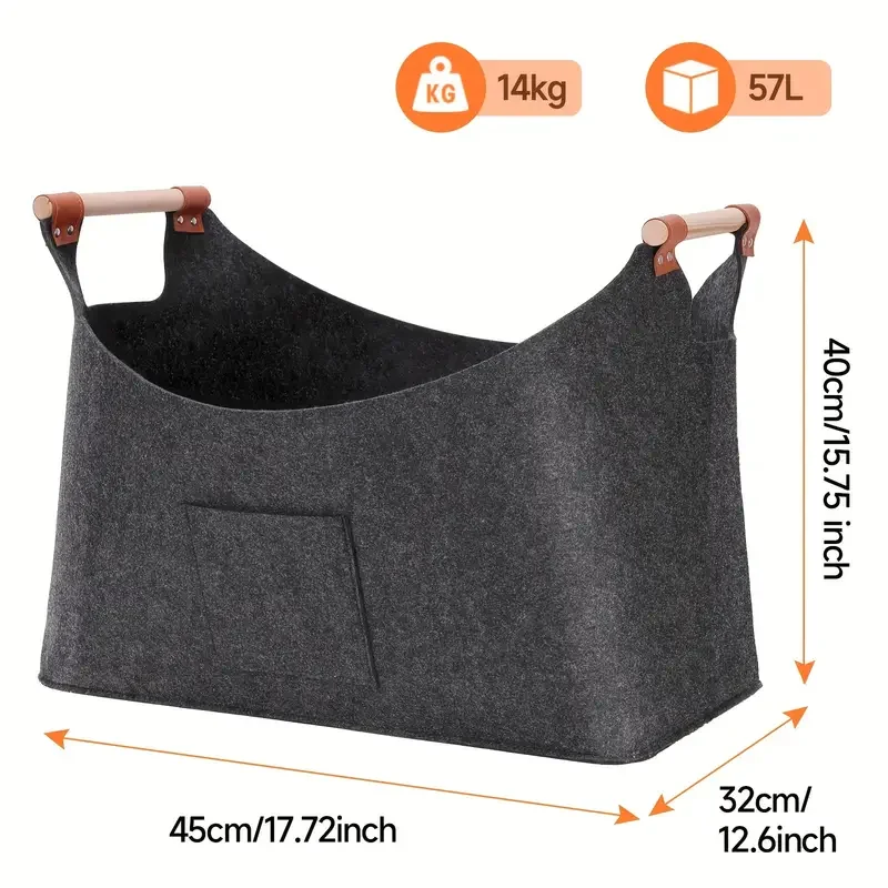 1pc Large Felt Log Carrier Basket, Grey Wood Basket With Handles, Foldable Indoor/Outdoor Storage Tote For Shopping Bags