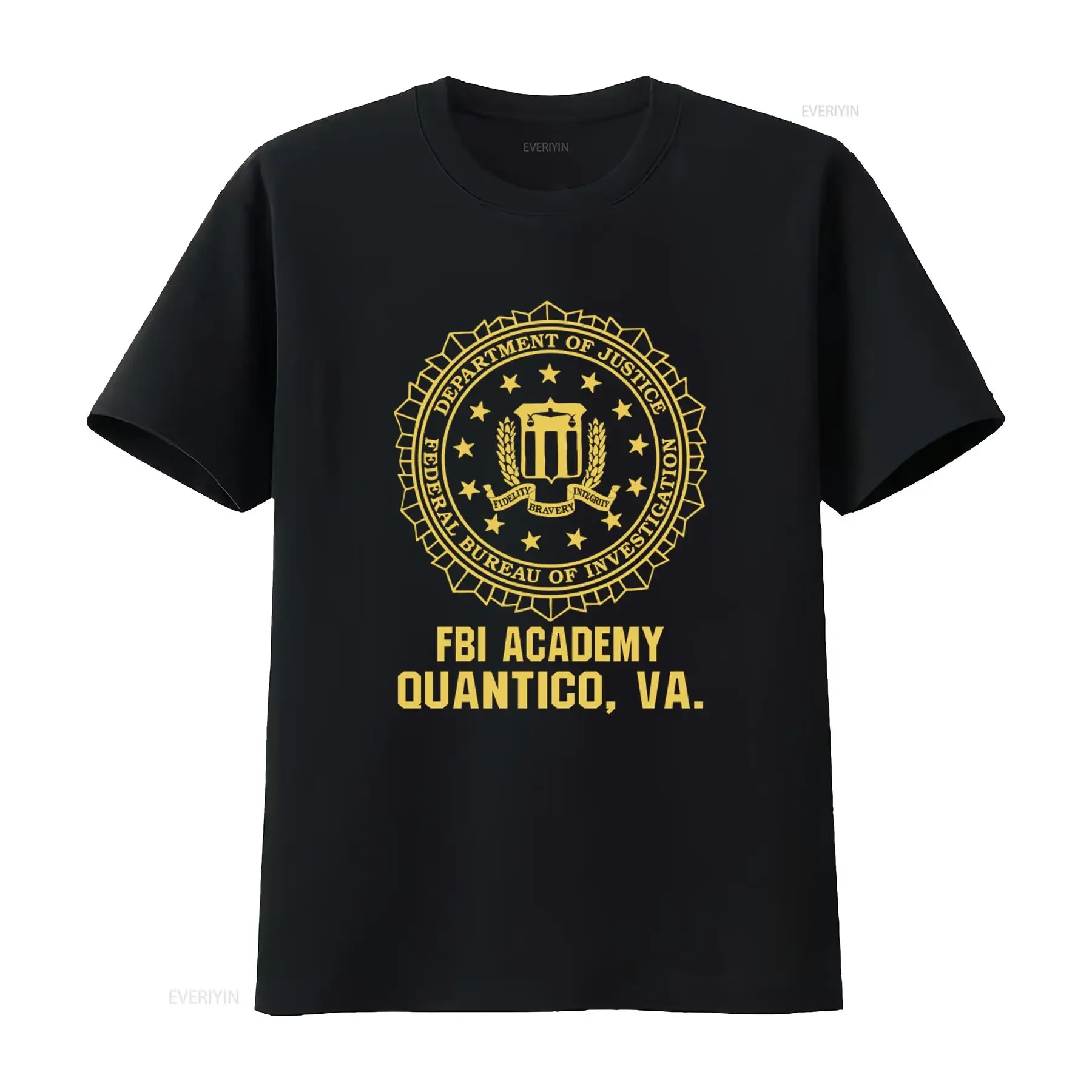 T-shirt de l'Académie FBI Quantico VA, design du sceau du département de la Justice avec le slogan Fidelity Integrity Bravery, impression de qualité supérieure