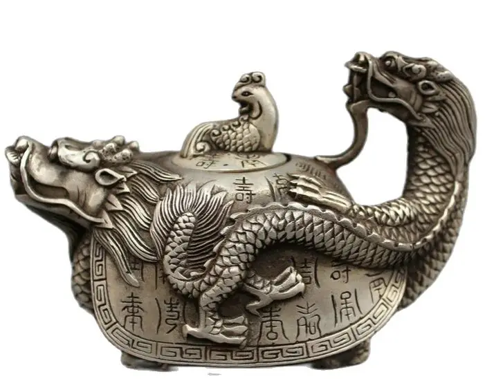 

15cm Chinese Silver Longevity Shou Dragon Turtle Phoenix Statue Incense Burner Censer