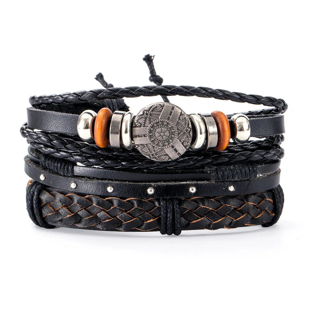 New Punk  Alloy Leather Bracelet for Men Shield Multilayer Vintage Cowhide Bracelet Trend Street Shoot Popular Bracelet 4pcs