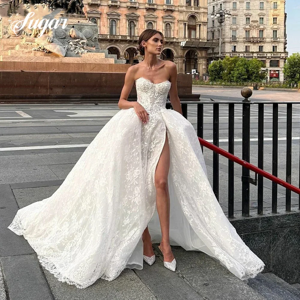 Sweetheart A-Line Off Shoulder Wedding Dresses Strapless Exquisite Lace Appliques Backless 2025 Luxury High Split Bridal Gowns