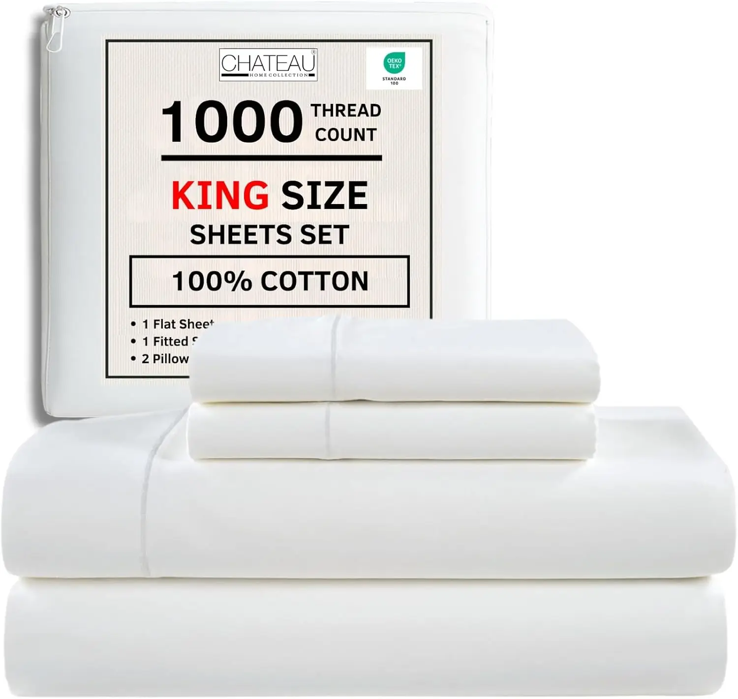 

King Size Sheets Set 100% Cotton 1000 Thread Count Sateen Weave Deep Pocket Breathable Cooling White
