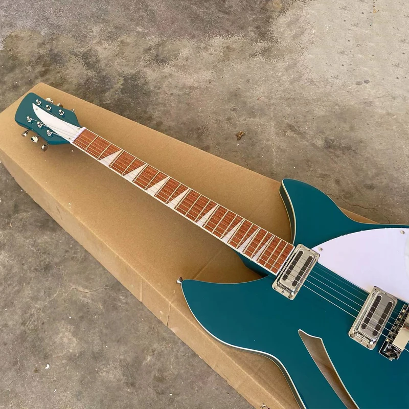 6 String 360 Electric Guitar, Metallic Turquoise Blue Semi Hollow Body, R Shaped Tailpiece, Rosewood Fretboard Guitarra