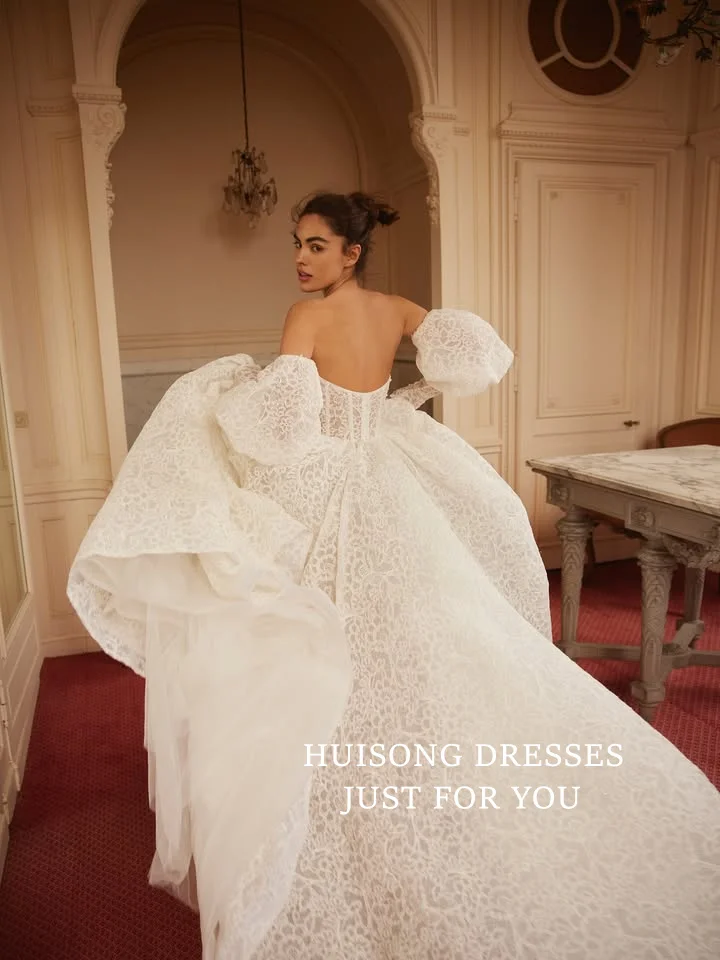 

HUISONG Customized Boho Wedding Dresses Lace Appliques Long Sleeves Sweetheart A-Line Bohemian Wedding Gown vestidos de novia