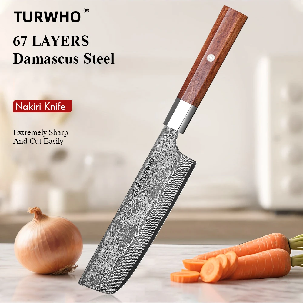 

TURWHO 6.5" Hand Forged Nakiri Knife Japanese Damascus Steel Chef Knife Slicing Chopper Vegetable Kitchen Knives Cooking Tools