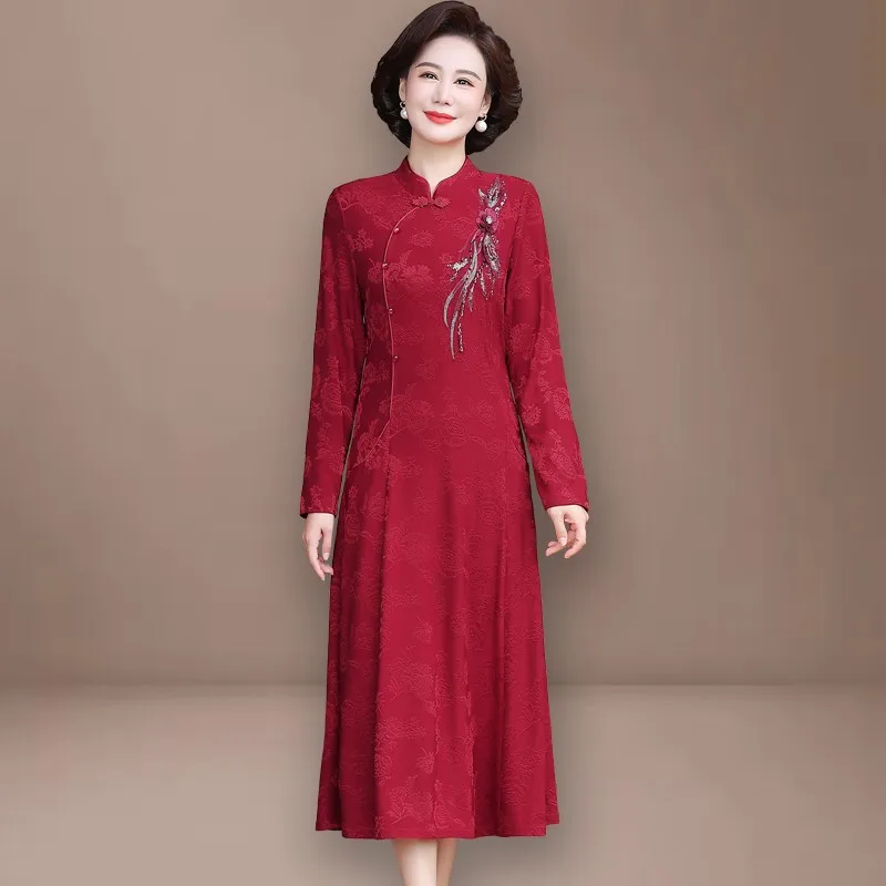 

Improved Cheongsam Dress For Women Spring Autumn New Middle-aged Mother Dresses High End Elegant Party Dress