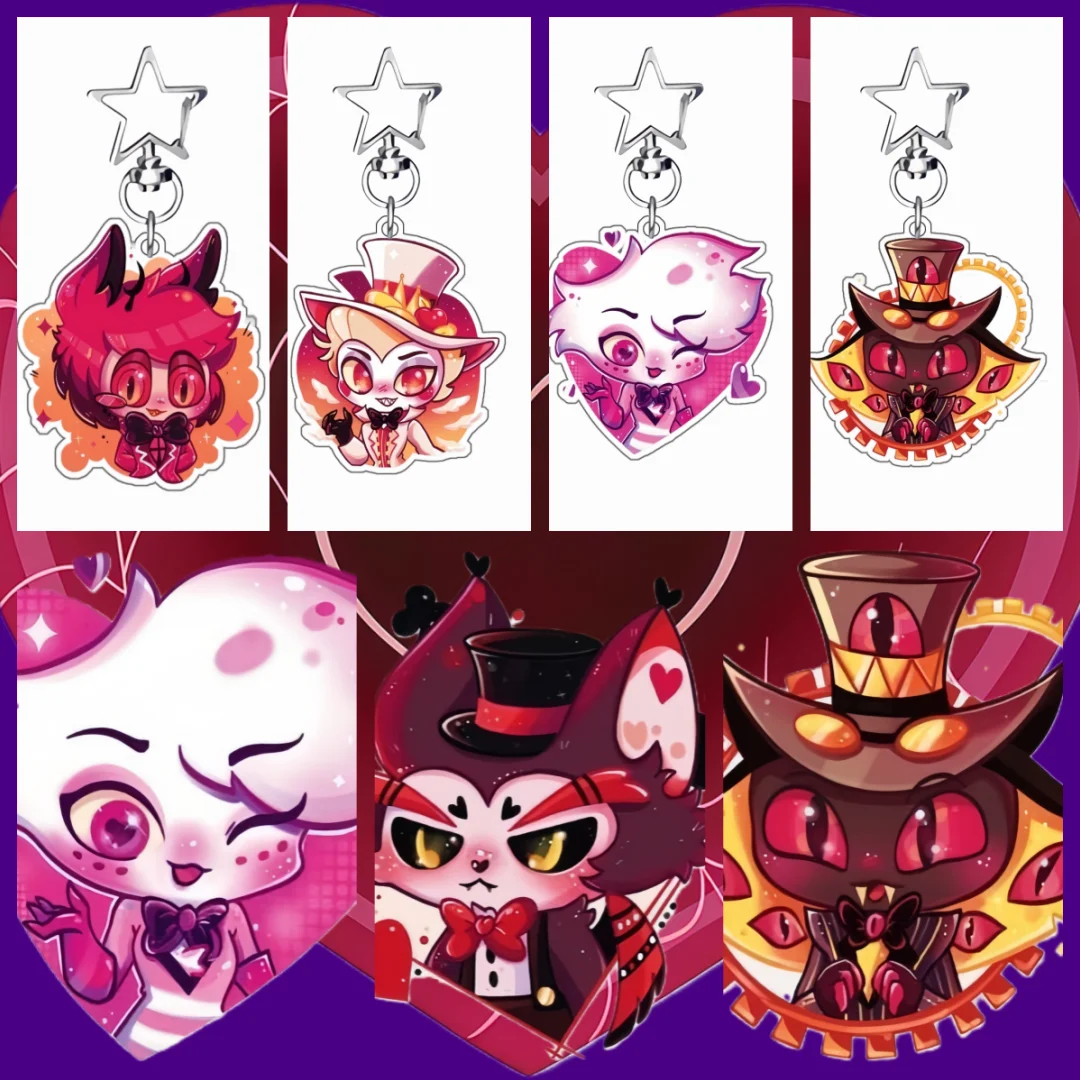 

Акриловый брелок для ключей с персонажами аниме-мультфильмов Hazbin Hotel (Аластор, Хаск, Энджел, Даст) в Q-версии, подвеска для рюкзака, сувенир, подарок