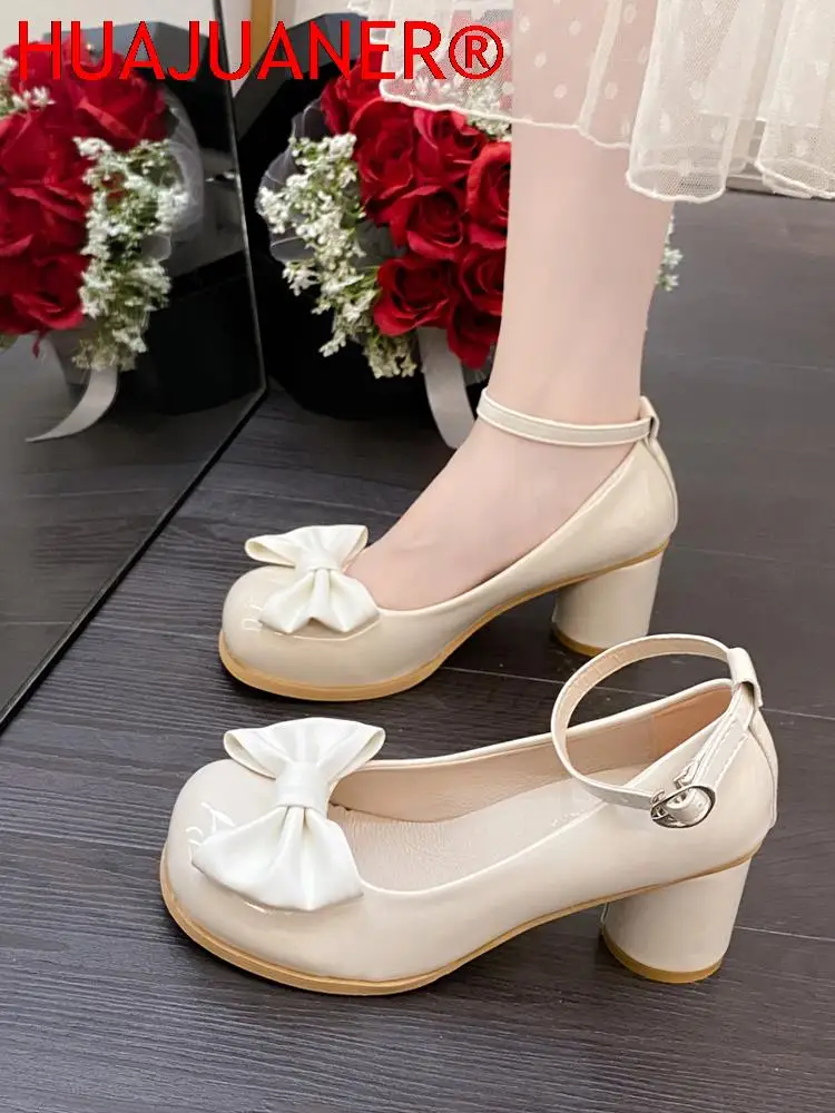 High Heels Women Mary Janes Lolita Shoes Retro Dress Thick Pumps Summer Sandals 2023 New Party Bow Ladies Shoes Prom Zapatos