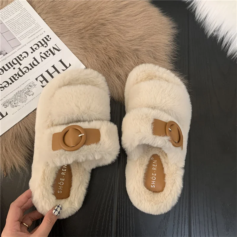 Autumn and winter new mink hair rabbit hair cashmere fashion slippers Belt buckle women wear warm thick soled flat woolen shoes