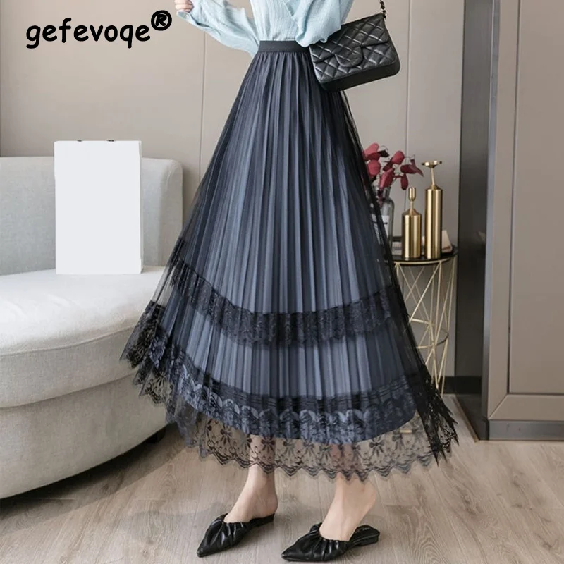 Gold Velvet Pleated Elegant Party Ladies Skirts Autumn Winter Fashion High Waist Lace Mesh Patchwork A-line Maxi Skirt for Women