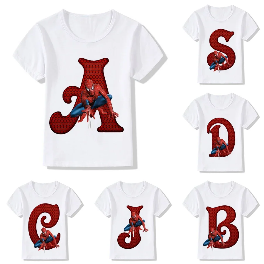 Children T-Shirt Girl Boy Marvels SpiderMan Letter A-Z Cotton Cartoons Clothes Kid Tee Shirts Little Baby Casual Fashion Top