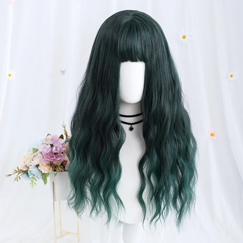 MSIWIGS Long Natural Wavy Green Synthetic Wigs Cosplay Lolita Harajuku Wig Heat Resistant Hair