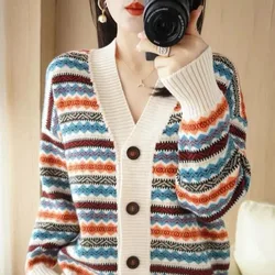 Autunno e inverno Cardigan da donna con scollo a v manica lunga incantesimo stampa a colori a righe geometriche allentate moda Casual maglioni top