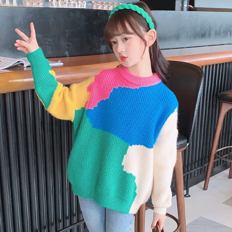 

New Autumn Children O Neck Sweater Femme Girl Fashion Patchwork Knitwear Kids Spring Colored Knitted Clothing Age 4 To 14 Years