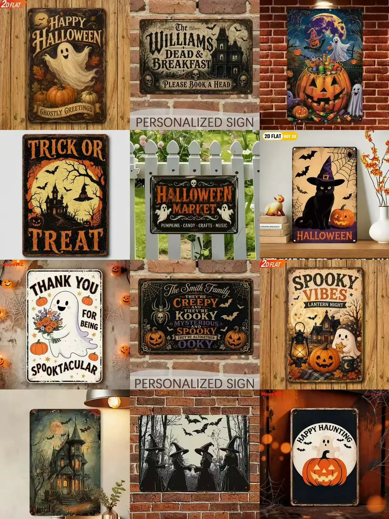Spooky Halloween Home Decoration Bundle, Assorted Metal Tin Signs & Acrylic Decor Lights for Holiday Gifting
