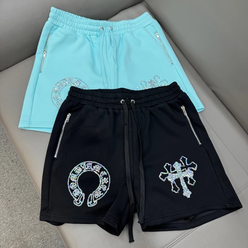 Bead Cross Sanskrit Patch Embroidery Loose Shorts Men Women Black Blue Drawstring Sports Baggy Shortpants