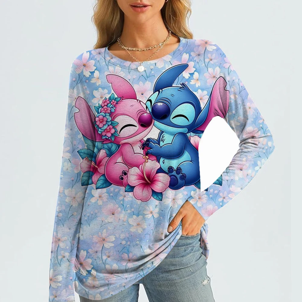 

Vintage Long Sleeves T-shirts Lilo & StitchWomen's T-shirts Autumn Casual Loose Pullover O-neck Women's Clothing Streetwear